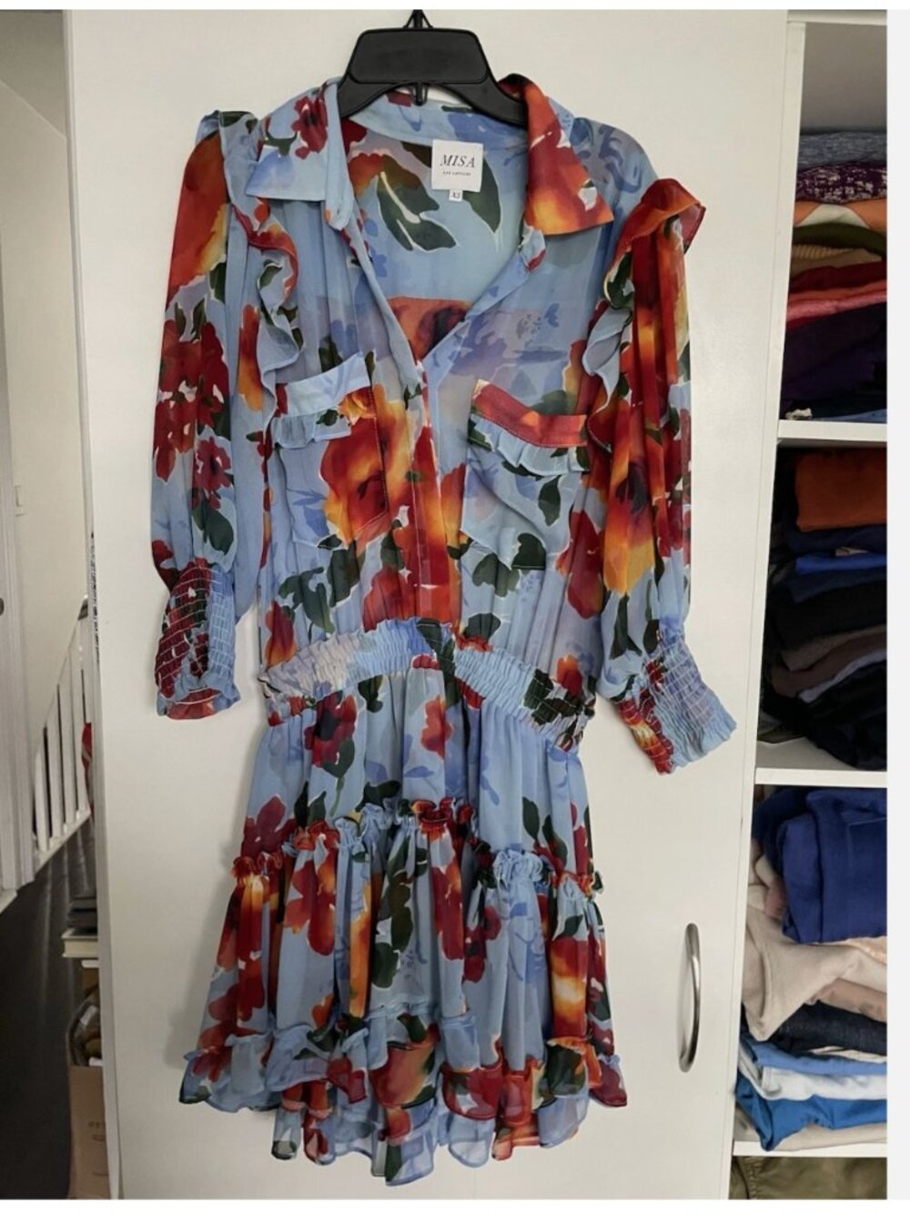 Misa Los Angeles Enya Mini Sheer Ruffle Dress Smocked Blue Floral Size XS